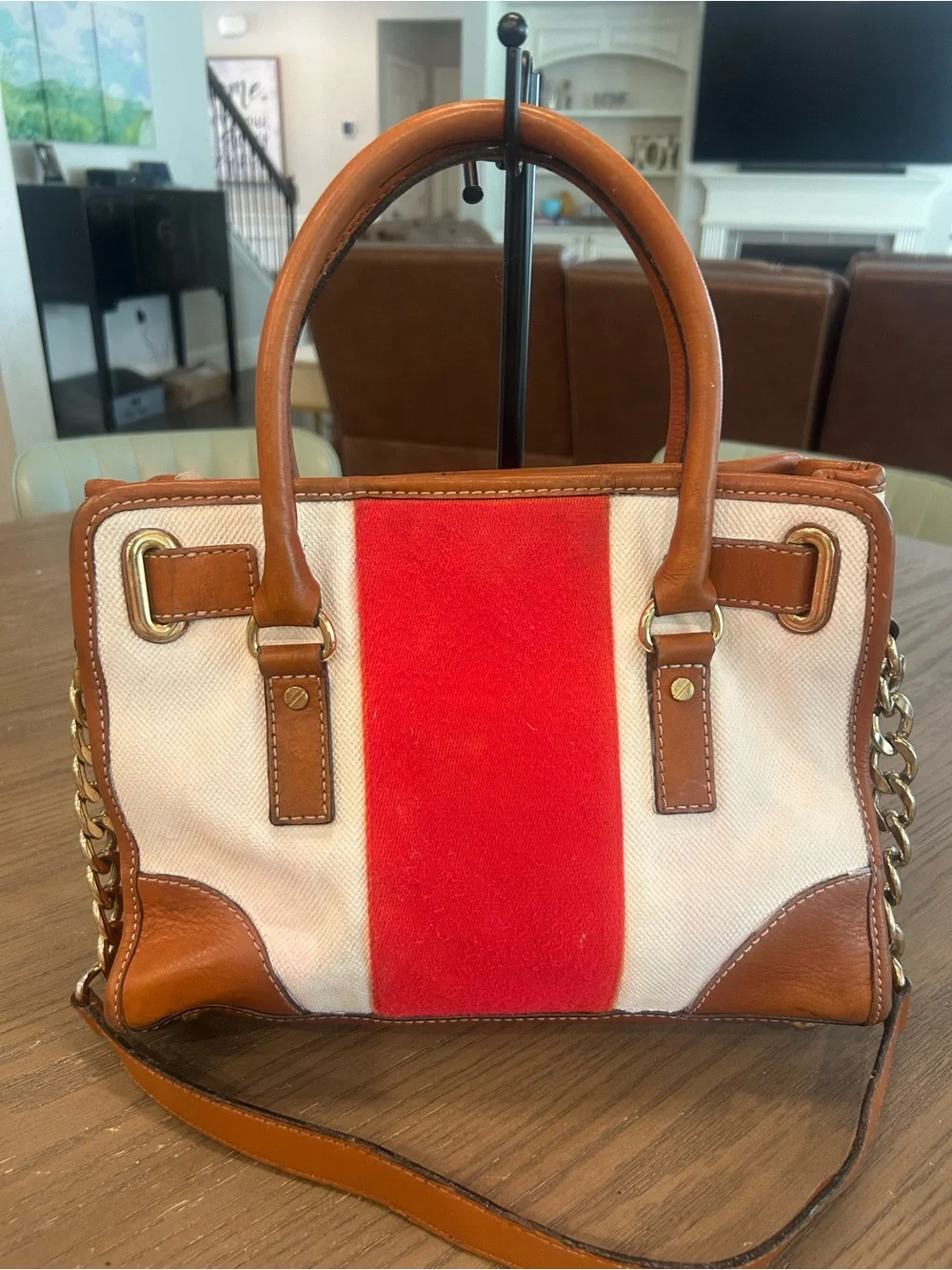 Michael Kors Brown Leather & Red Stripe Canvas Satchel